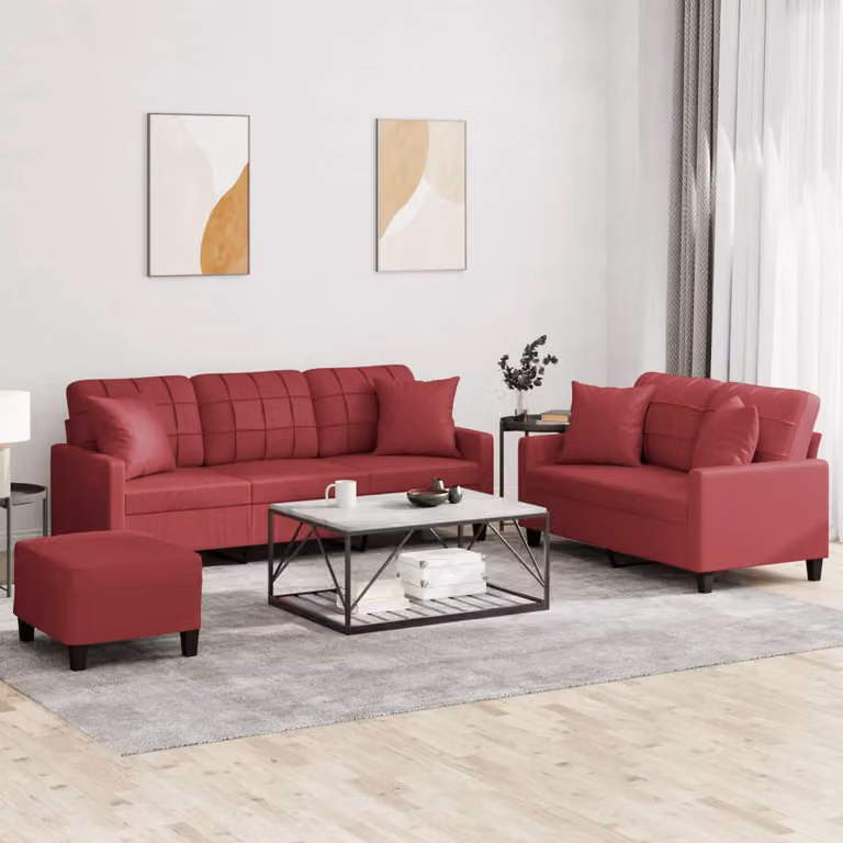 Set di divani vidaXL 3 pezzi in similpelle rossa con pouf e cuscini per soggiorno moderno