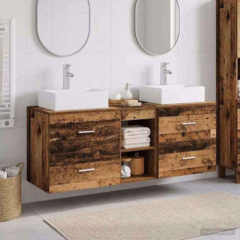 Set di 3 mobili da bagno moderni vidaXL in legno marrone con vanità e armadietti laterali L/P/H: 129 x 41 x 79,5 cm