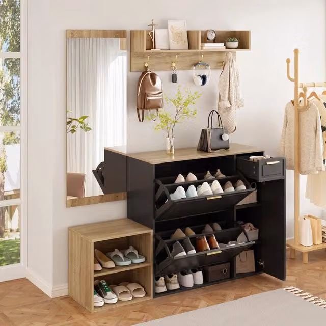 Set da 4 pezzi REDOM per ingresso composto da scarpiera, panca, appendiabiti e specchio in legno, colore nero e naturale, L: 130 cm, P: 35 cm, H: 166 cm