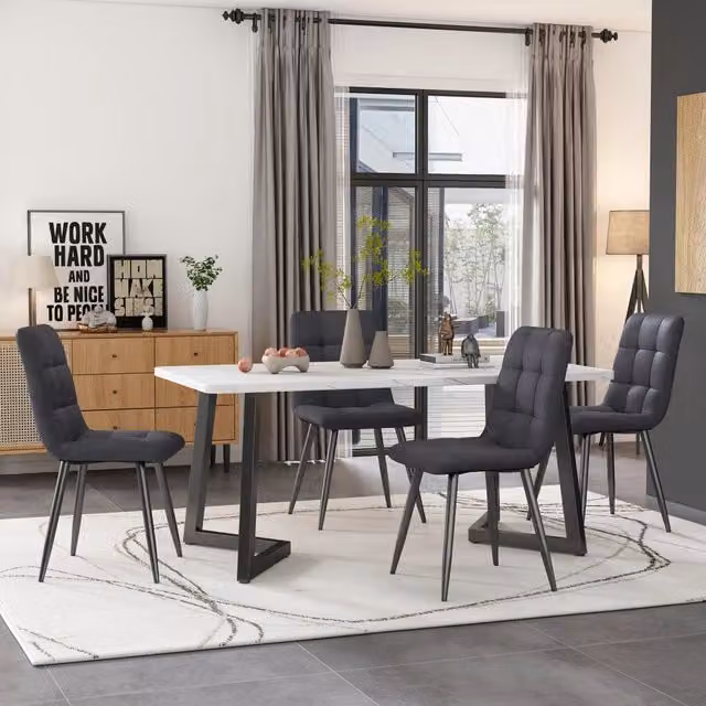 Set tavolo da pranzo rettangolare Mivray con 4 sedie per cucina e sala da pranzo, piano in MDF laminato e gambe nere, colori grigio, bianco e nero