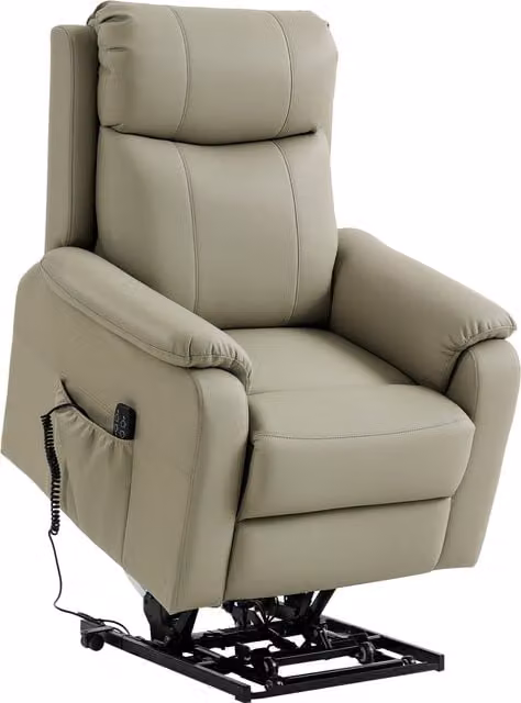 Poltrona Elettrica Alzapersona e Reclinabile HOMCOM in Pelle Finta Traspirante con 2 Motori, Telecomando, Poggiapiedi e Tasche Laterali, Colore Beige