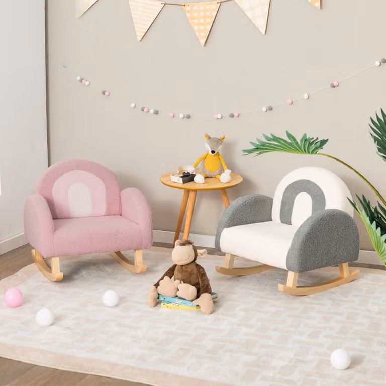 Sedia dondolo per bambini Costway in legno massiccio e tessuto bouclé, Poltrona a dondolo rosa in stile scandinavo