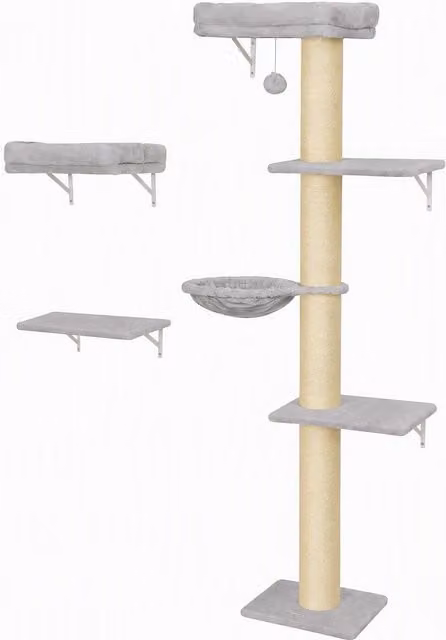 PawHut Set di 3 Pezzi Parete da Arrampicata per Gatti Grigio con Amaca, Tiragraffi in Sisal e Giochi Integrati