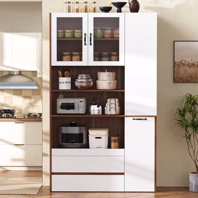 Credenza alta MIVRAY con ante in vetro scanalato e 2 cassetti in MDF, colore bianco e noce, L: 100 cm, P: 40 cm, H: 200 cm