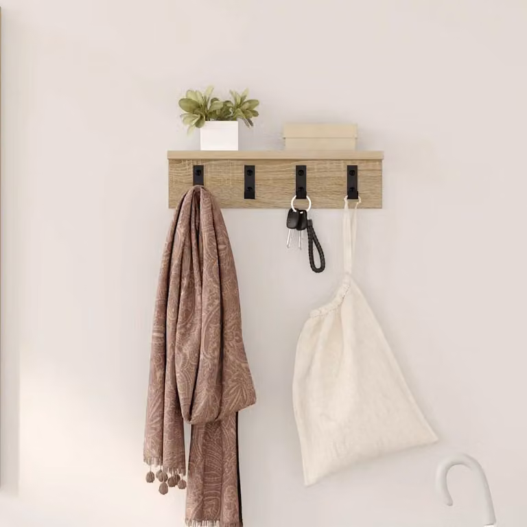 vidaXL Appendiabiti a muro moderno in legno con 4 punti gancio, colore marrone beige, L 40 x P 10,5 x H 10,5 cm