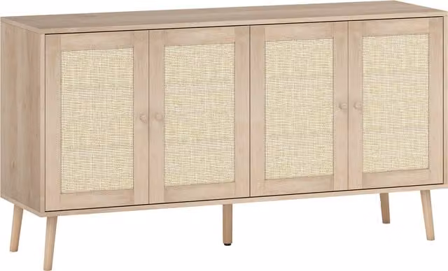 Credenza HOMCOM in stile boho con ante in cannage e ripiano regolabile, effetto legno naturale beige e marrone, L 140 x P 40 x H 75 cm