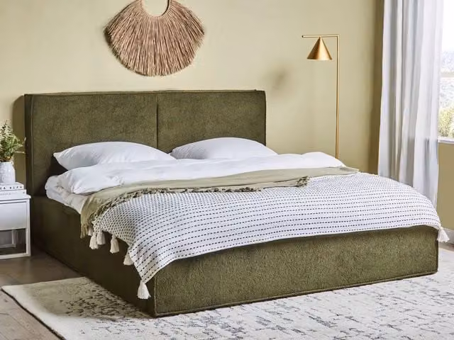 Letto King Size Beliani con Contenitore Ottomana in Bouclé Verde, L/P: 180 x 200 cm