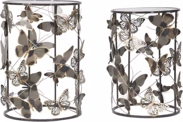 Coppia di tavolini Farfalle Charme1921 con piano in vetro e struttura in metallo per soggiorno, L/P/H: 41,3 x 55 x 35 cm e 50,3 cm