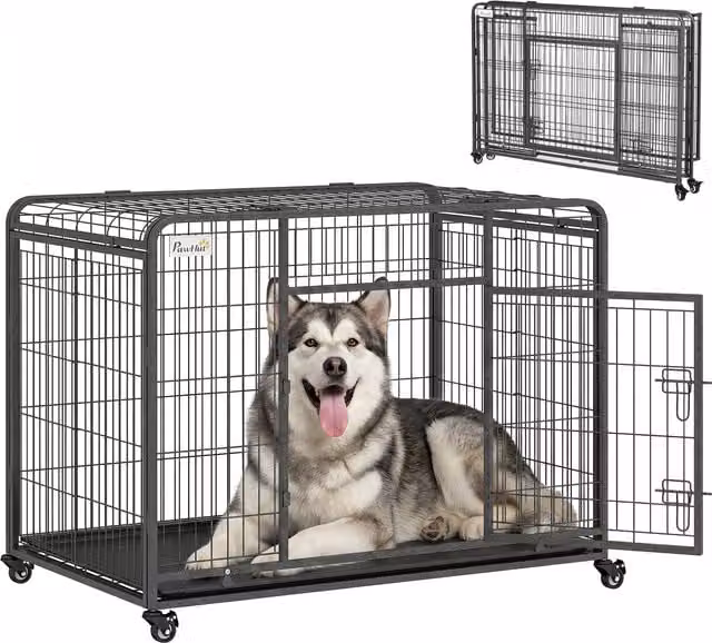 Gabbia per cani PawHut Aosom pieghevole con doppia porta, blocco di sicurezza, 4 ruote con freno e fondo rimovibile, L: 125 cm, P: 76 cm, H: 81 cm
