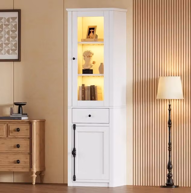 Vetrina alta MODFU bianca con ante in vetro, illuminazione LED integrata e cassetto, L 55 cm x P 40 cm x H 200 cm