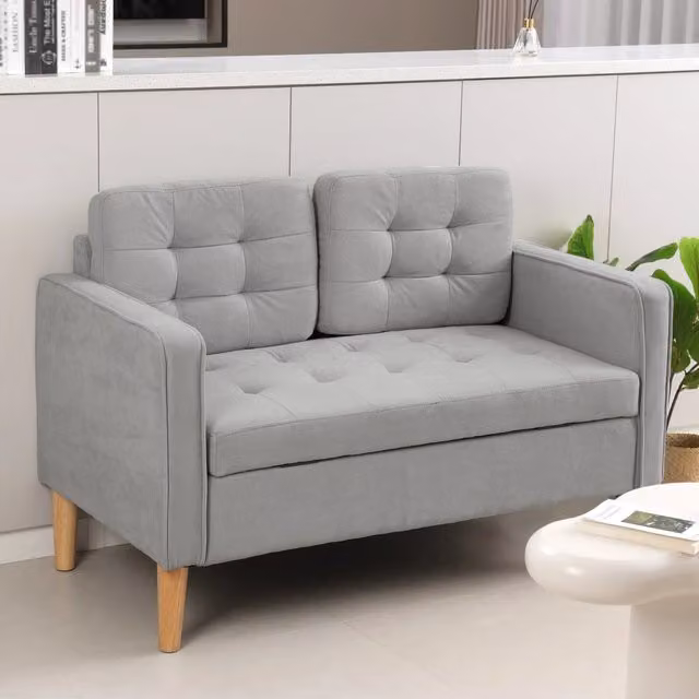 Divano a 2 posti MIVRAY in velluto grigio con vano contenitore e schienale capitonné stile Chesterfield, L: 117 cm, P: 62 cm, H: 78 cm