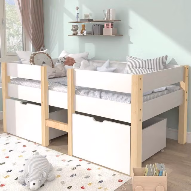 Letto singolo per bambini OKWISH in legno massello di pino bianco con 2 cassetti e barriera, L/P: 190 x 90 cm