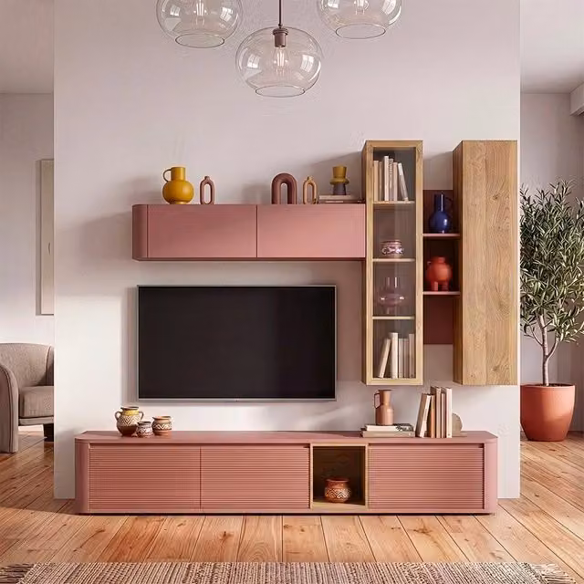 Parete attrezzata soggiorno Core Veriaffari con mobile basso, pensili e vetrina in rovere e terracotta
