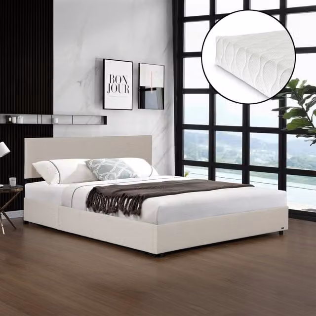 Letto Contenitore Francese Juva Corium con Materasso in Velluto a Coste Beige L/P: 140 x 200 cm