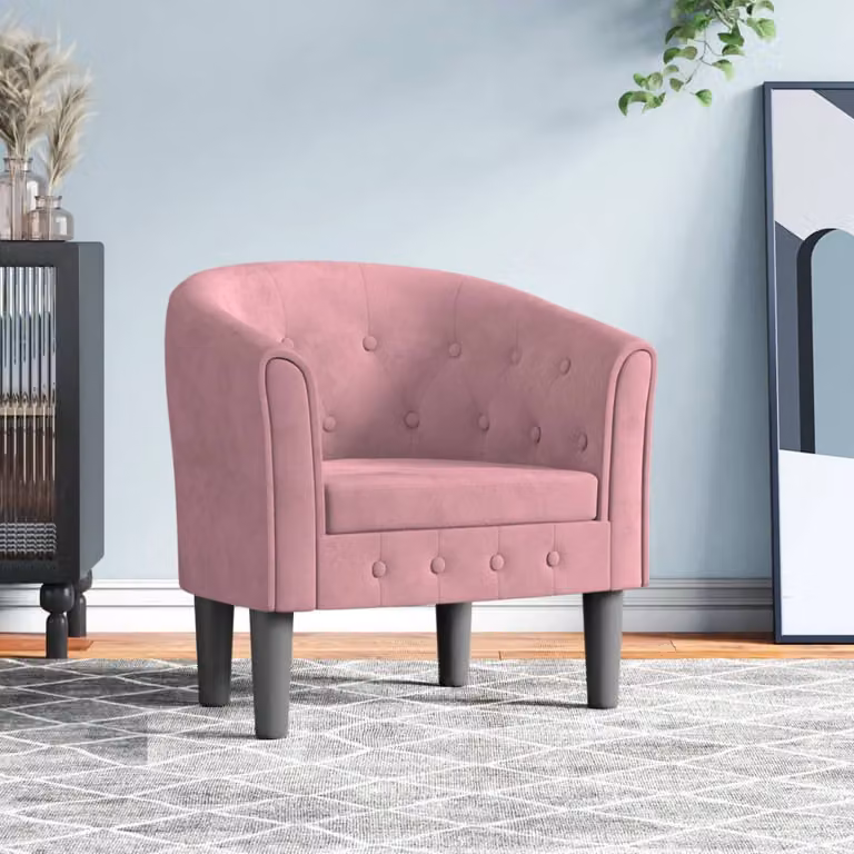 Poltrona Cabriolet moderna vidaXL in velluto rosa con braccioli e struttura in legno e plastica, L: 68 cm, P: 70 cm, H: 56 cm