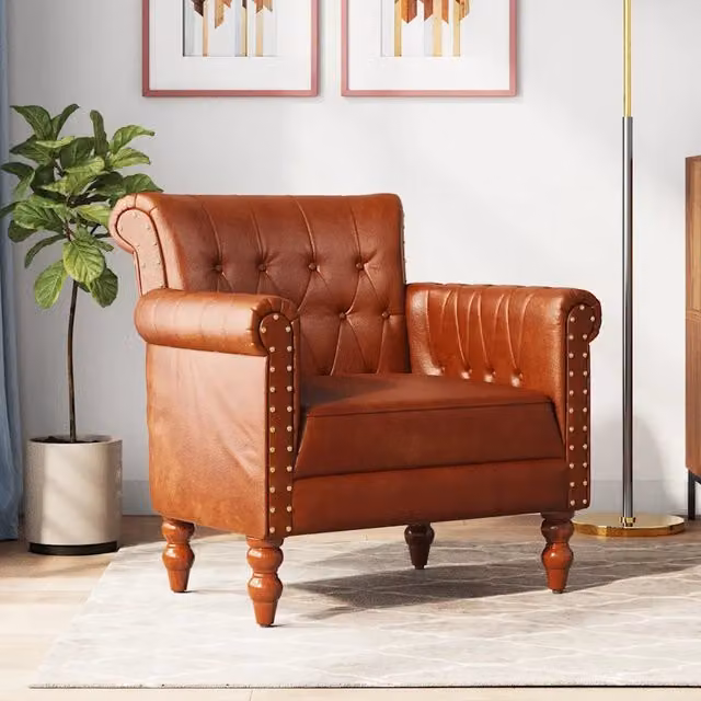 Poltrona Chesterfield vidaXL in vera pelle marrone con struttura in legno di mango e imbottitura in schiuma