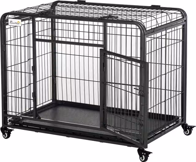 Gabbia per cani PawHut Aosom pieghevole con doppia porta, 4 ruote con freno e fondo rimovibile, L: 109,5 cm, P: 71 cm, H: 78 cm