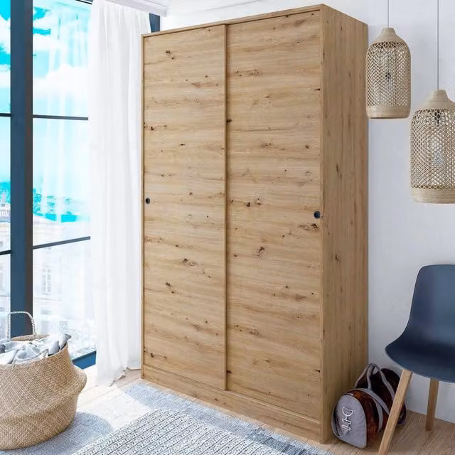 Armadio per camera da letto DMORA Adrenalin con 2 ante scorrevoli, ripiani interni e barra appendiabiti, Rovere, L: 120 cm, P: 50 cm, H: 200 cm
