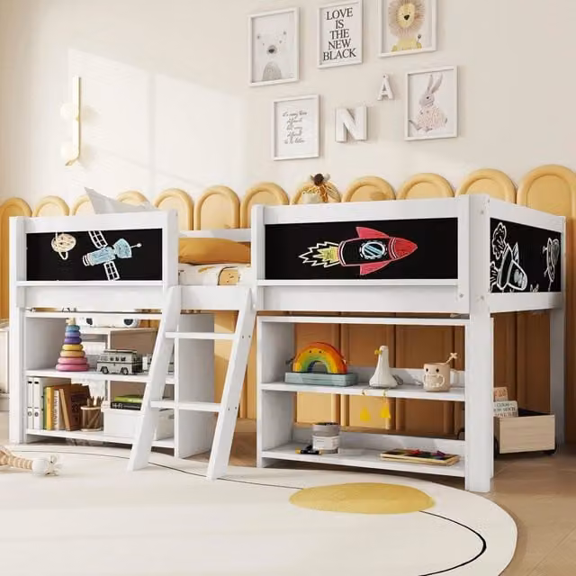 Letto semialto per bambini REDOM in legno e MDF bianco con scala e vani contenitori L/P: 90 x 200 cm