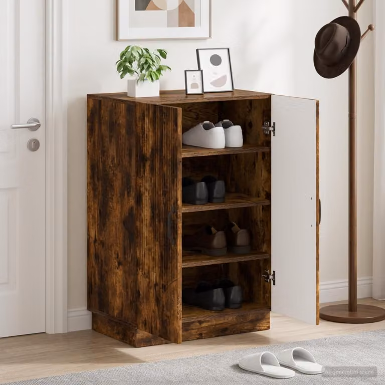 Mobile porta scarpe vidaXL HOORN in legno e metallo, Rovere Fumo, L: 59,5 cm, P: 39,5 cm, H: 87 cm