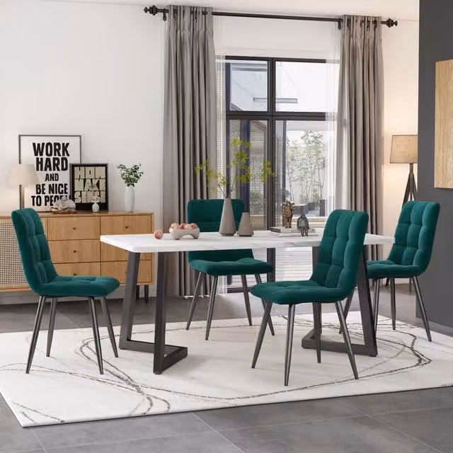 Set tavolo da pranzo rettangolare Mivray con 4 sedie in velluto verde e piano in MDF effetto marmo, L/P/H: 117 x 75 x 75 cm