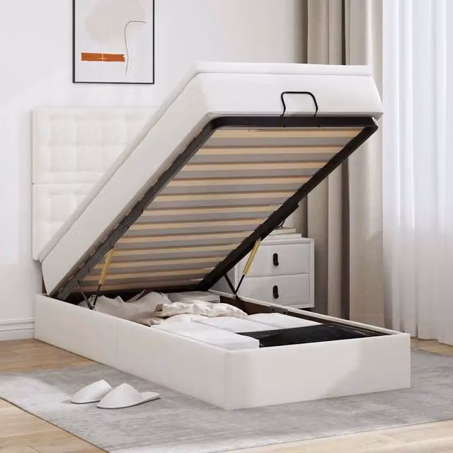 Letto con contenitore a sollevamento e materasso vidaXL in similpelle bianco, dotato di illuminazione sottostante e porta di ricarica USB, L 203 cm x P 140 cm x H 80 cm