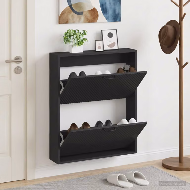 vidaXL Mobiletto per Scarpe da Muro HOORN Nero L: 71 cm, P: 17 cm, H: 86 cm