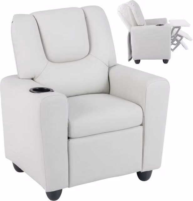 Poltrona reclinabile per bambini in pelle artificiale beige con schienale regolabile, poggiapiedi e porta bicchiere, ideale per la cameretta dei ragazzi