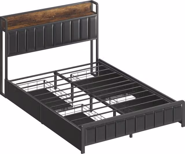 Letto matrimoniale imbottito HOMCOM con 4 cassetti e ripiano, telaio in metallo e doghe, nero, L/P: 140 x 190 cm