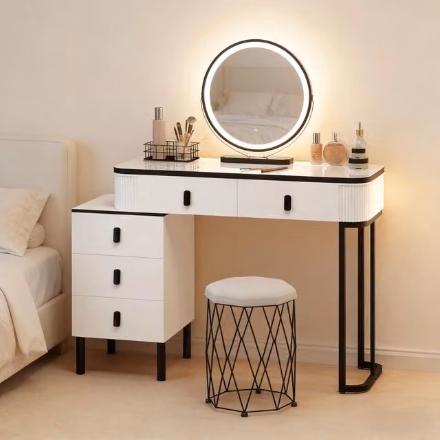 Toeletta Hollywood Mivray con specchio LED dimmerabile e sgabello, finitura laccata bianco e nero, L 125 x P 40 x H 100 cm