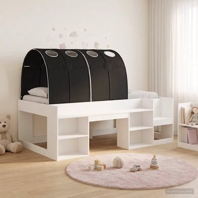 Letto alto per bambini vidaXL con contenitore, design moderno in legno MDF lucido, Bianco e Nero, L: 203 cm, P: 120 cm, H: 118,5 cm