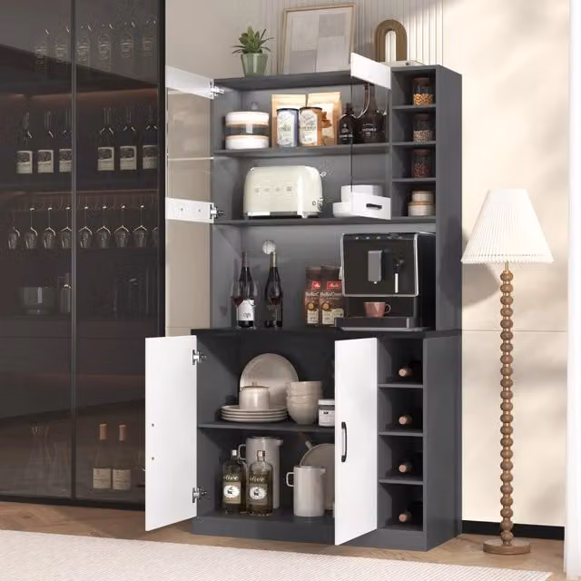 Mobile colonna da cucina Mivray grigio e bianco con vano microonde, ripiani interni e illuminazione LED, L: 100 cm, P: 47 cm, H: 187 cm