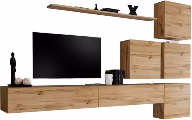 Composizione murale SWITCH IX Meublorama mobile TV sospeso in rovere Wotan marrone L: 310 cm, H: 40 cm, P: 200 cm