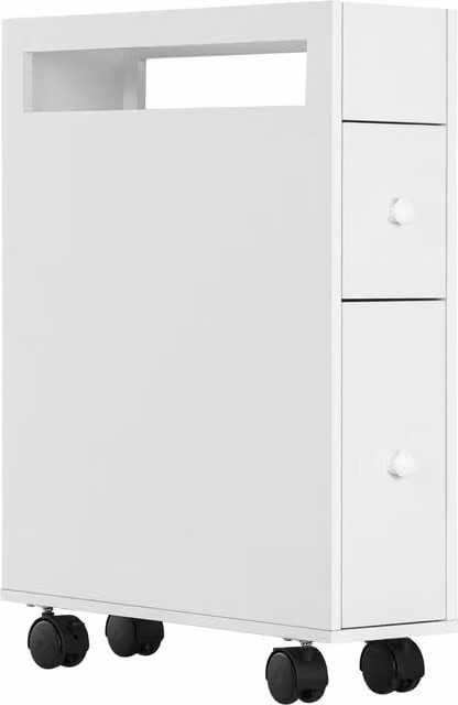 Mobiletto bagno salvaspazio Aosom con 2 cassetti, ripiano aperto e 4 ruote, Bianco, L: 49.5 cm, P: 16 cm, H: 66 cm