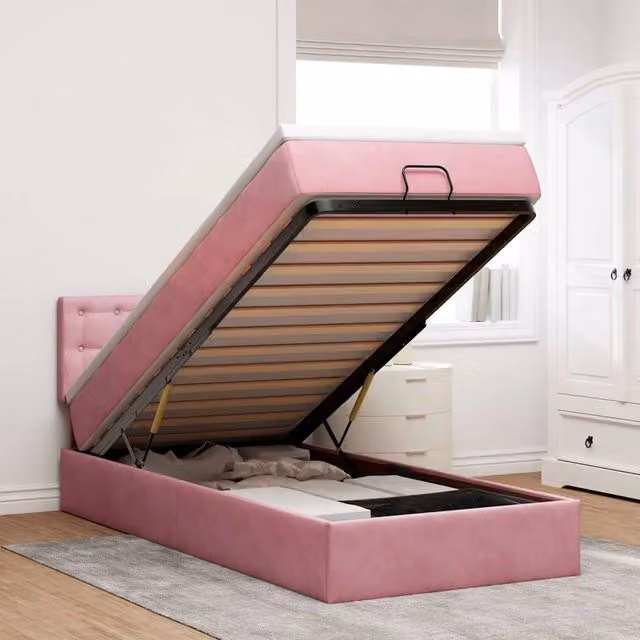 Letto con contenitore a sollevamento e materasso vidaXL in velluto rosa e bianco, dotato di luci sotto il letto e porte di ricarica USB, L/P/H: 190 x 90 x 88 cm