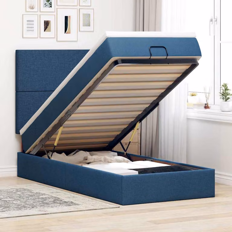 vidaXL Struttura Letto con Materasso e Pouf Blu e Bianco, con Base a Sollevamento, Illuminazione Sotto il Letto e Porte USB, L/P/H: 190 x 90 x 128 cm