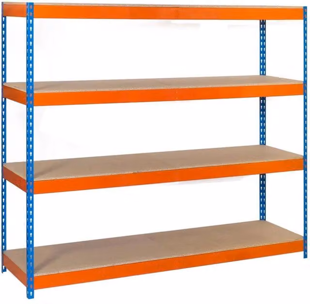 Scaffale in metallo e legno Simon Rack con 4 ripiani, colore blu, arancio e legno, H 200 cm x L 150 cm x P 60 cm