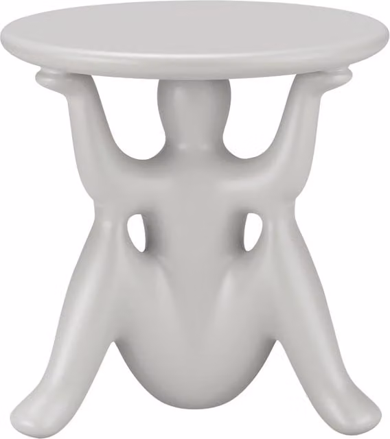Tavolino rotondo moderno Qeeboo Helpyourself in polietilene disponibile in bianco o grigio