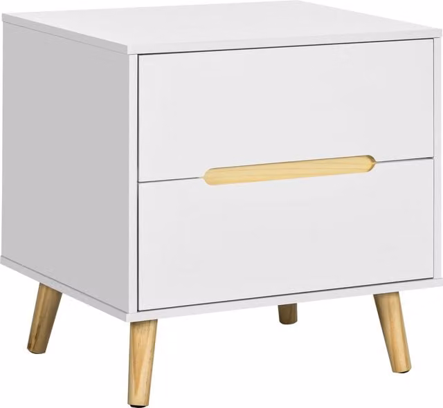 Comodino Bianco Moderno HOMCOM per Camera da Letto con 2 Cassetti e Gambe in Legno di Pino L/P/H: 50 x 40 x 50,5 cm