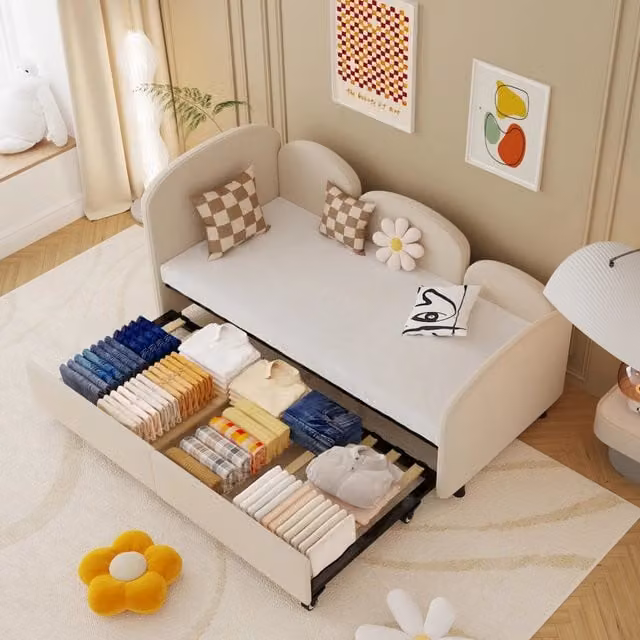 Daybed moderno in velluto beige con cassetti per cameretta bambini L/P/H: 200 x 90 cm