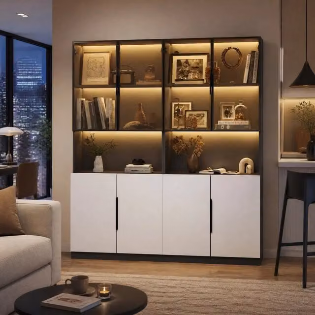Vetrina Mivray moderna con ante in vetro e illuminazione integrata, bianco e nero, L: 160 cm, P: 30 cm, H: 200 cm
