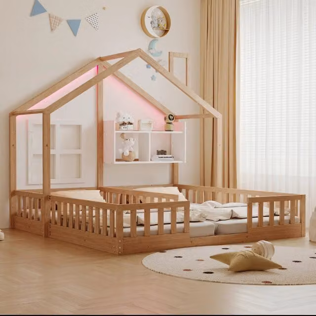 Letto a casetta Mivray per bambini in legno di pino marrone con illuminazione LED e ripiani laterali L: 90 cm, P: 200 cm, H: 188 cm
