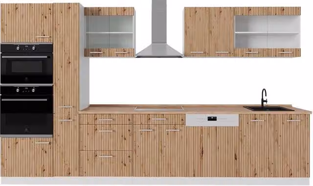 Cucina componibile moderna Vicco R-Line Rovere e Bianco, L: 350 cm
