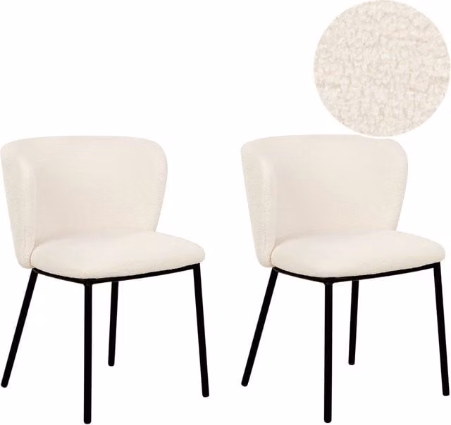 Set di 2 sedie da pranzo Beliani in bouclé bianco sporco con gambe in metallo nero e schienale curvo design moderno