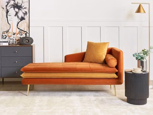 Chaise Longue Chesterfield Beliani in Velluto Arancione con Cuscini, Versione Destra, L/P/H: 160 x 79 x 72 cm