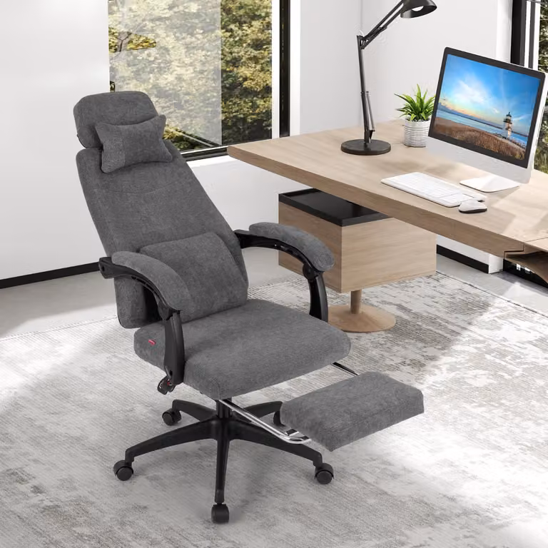 Sedia da ufficio reclinabile Costway in tessuto grigio con braccioli imbottiti e poggiatesta, poltrona esecutiva ergonomica per home office
