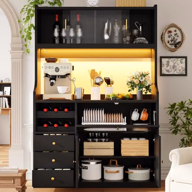 Mobile alto da cucina REDOM nero con ante in vetro e illuminazione LED, L 120 x P 40 x H 180 cm