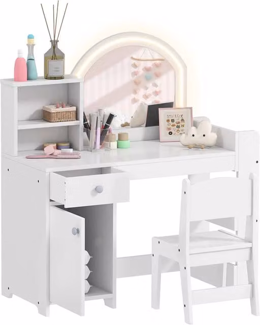 Cassettiera da trucco Minimal con specchio LED e sgabello bianca