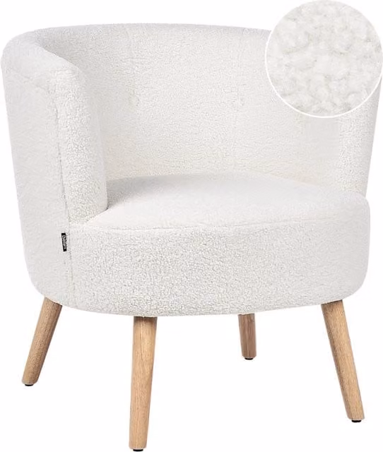 Poltrona Beliani in tessuto bouclé bianco con design a vasca e struttura in legno, stile moderno e retrò