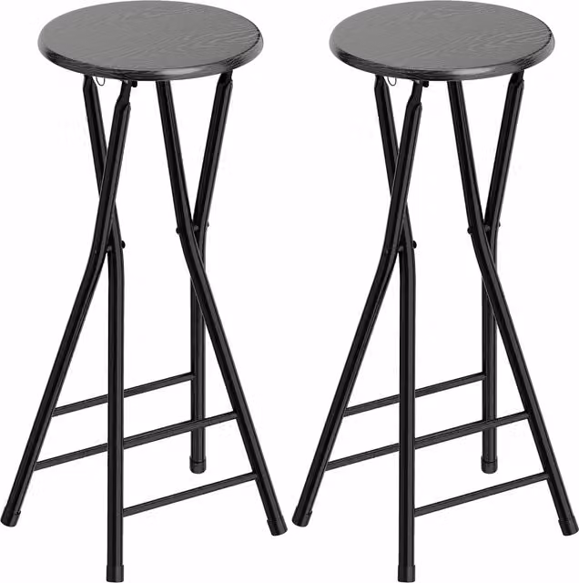 Set di 2 sgabelli da bar pieghevoli HOMCOM in legno e acciaio con doppio poggiapiedi, colore nero, L 34 cm x P 30 cm x H 70 cm
